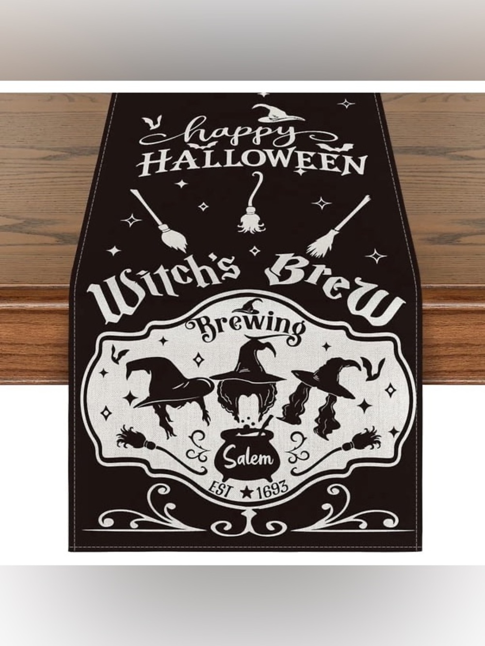 Halloween Witch's Brew Vanity Tray Runner - Black and Cream 13x72”